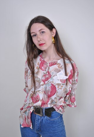 VINTAGE FLORAL BLOUSE, WATERCOLOR PRINT PINK SHIRT