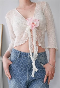 vintage y2k mermaid cream crochet tie front top
