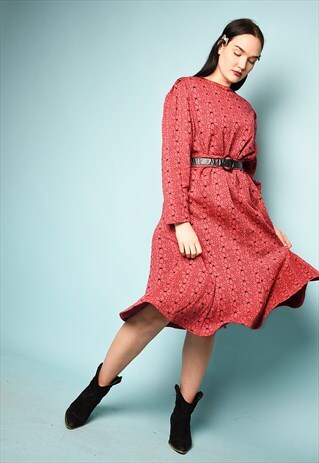 VINTAGE 70'S MOD RETRO FLORAL PRINT KNIT FABRIC WARM DRESS