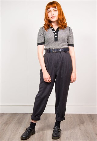 VINTAGE 90'S DARK GREY SMART HIGH WAIST TAPERED TROUSERS