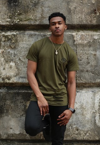 KHAKI LONGLINE DISTRESSED T-SHIRT