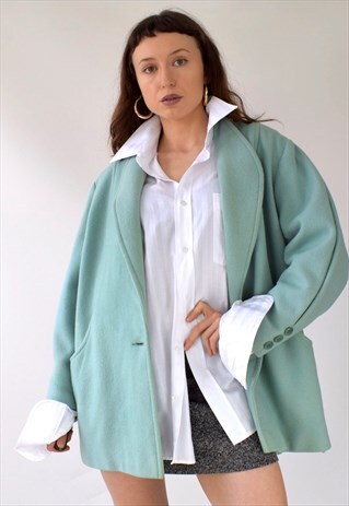 VINTAGE 80S LIGHT GREEN TAILORED WOOL MID LENGTH COAT S/M