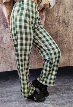  Retro print joggers check pants old chess overalls in green