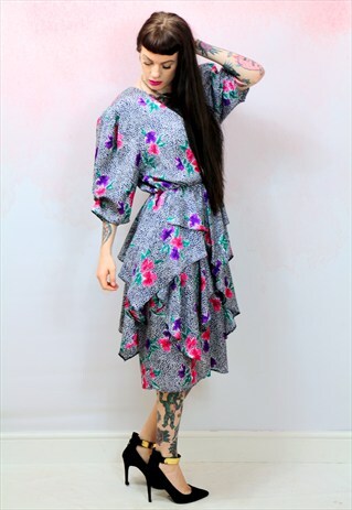1980S VINTAGE FLORAL PRINT SILKY FRILL MIDI DRESS
