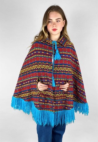 70's Multi Coloured Woven Fabric Ladies Cape Coat