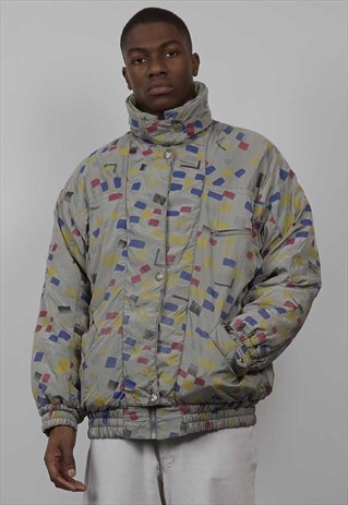 VINTAGE 80'S MULTICOLOUR PATTERN GREY PUFFER JACKET