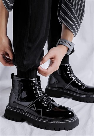 SHINY PLATFORM BOOTS CHUNKY SOLE ANKLE SHOES IN BLACK