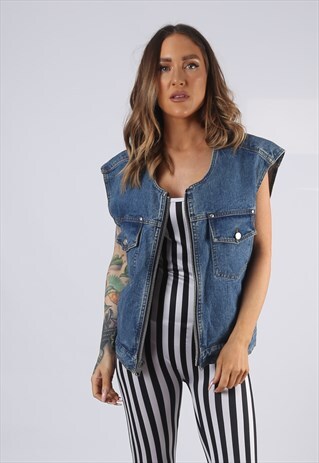VINTAGE DENIM WAISTCOAT JACKET OVERSIZED FITTED UK 14 (FD1X)