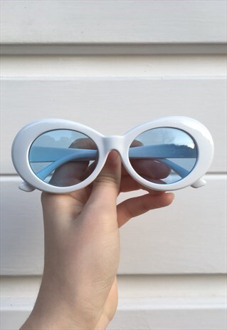 WOMENS VINTAGE STYLE WHITE BLUE OVAL SUNGLASSES KURT COBAIN