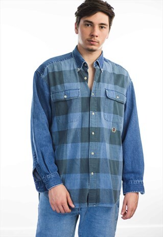 VINTAGE TOMMY HILFIGER COLOR BLOCK DENIM SHIRT 90S M 19.3