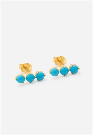 GOLD BEADED STUD EARRINGS WITH THREE TURQUOISE STONES