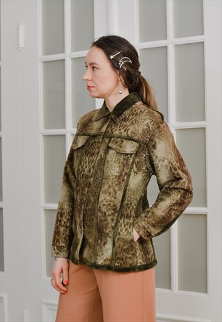 FAUX SUEDE JACKET VINTAGE LEOPARD PRINT IMITATION LEATHER