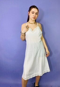 Vintage 90s Y2K White Lace Trim Midi Slip Dress