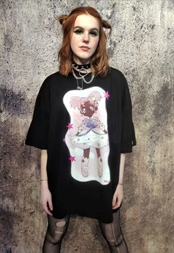 Anime print tee Kawaii girl t-shirt slogan top in black