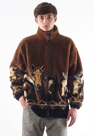 VINTAGE HORSE GRAPHIC PRINTED FULL ZIP JACKET 90S BROWN