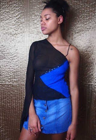BLACK BLUE TOP ONE SHOULDER