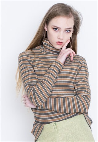 VINTAGE BROWN GREY STRIPED RETRO TURTLE NECK GOLF JUMPER