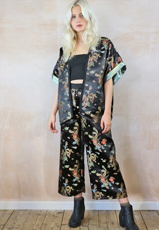 BLACK DRAGON EMBROIDERED CROP PANTS & KIMONO CO-ORDINATES