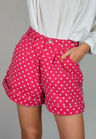 VINTAGE 90S PINK & WHITE POLKA DOT DENIM HIGH WAISTED SHORTS