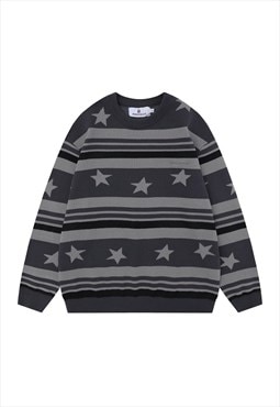 70s stripe sweater star print knit jumper skater top in grey