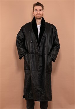 Vintage 70's Men Long Shearling Leather Coat in Black
