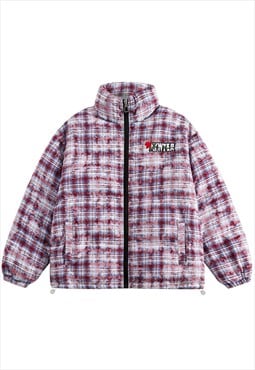 Checked puffer jacket padded tie-dye bomber plaid coat red