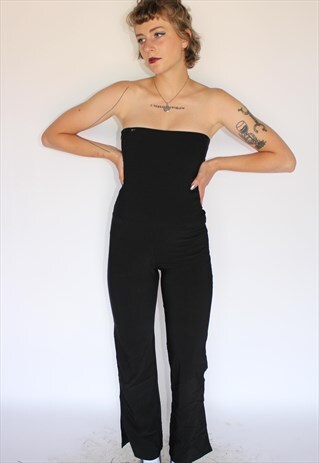 BLACK STRAPLESS SLIP JUMPSUIT