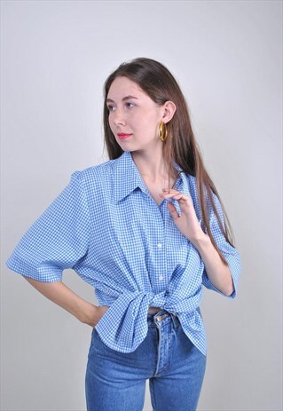 90S BLUE PLAID PATTERN SHIRT WITH SHORT SLEEVE, SIZE XL