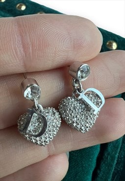 Vintage Dior earrings heart diamante silver tone Y2K 00s