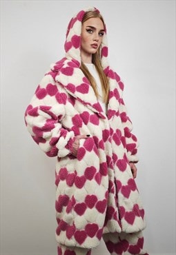 Heart fleece coat pink detachable trench love pattern mac