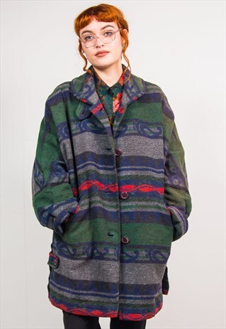 VINTAGE 90'S GREEN AZTEC STRIPED PATTERN COAT JACKET