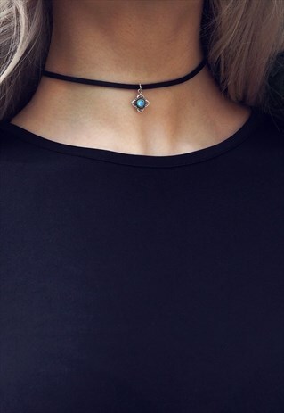BLUE OPAL STERLING SILVER PENDANT LEATHER CHOKER - KYLA