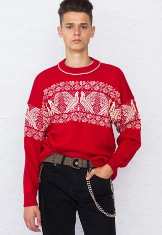 VINTAGE RED AND BEIGE ROUND NECK KNIT JUMPER