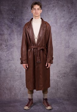 Retro 90s nappa leather coat in grunge style, brown color
