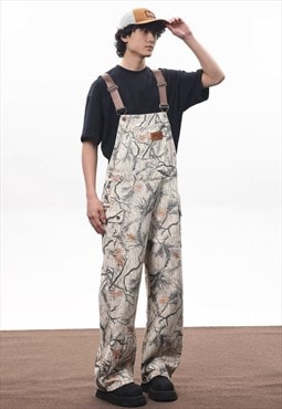 Forest print dungarees jean overalls leaves jumpsuit cream