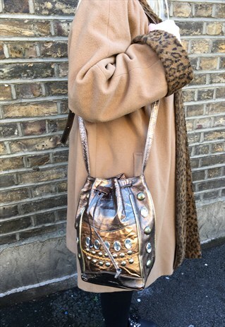 VINTAGE BEJEWELLED BRONZE COLOURED LEATHER DRAWSTRING BAG