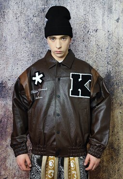 Retro varsity jacket faux leather y2k MA-1 bomber in brown