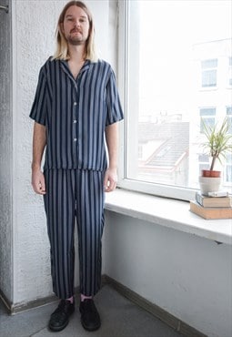 Vintage Navy Blue Striped Shirt and Trousers Suit