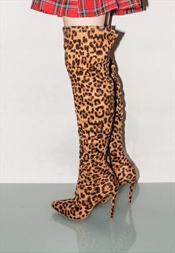 Vintage tall heel sock boots in leopard print