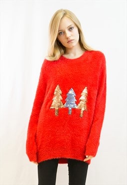 Fluffy Christmas Jumper with Christmas Tree in red