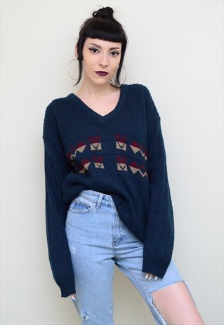 VINTAGE 90'S V NECK PATTERNED SLOUCHY JUMPER