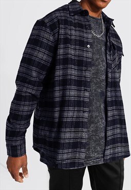 Women's Flannel Checked Washed Over Shirt - Grey Blue/Black