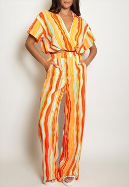 Striped Blouse & Flare Trousers Coord Set In Multicoloured 