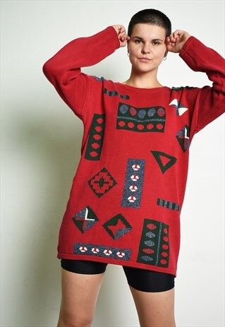 90'S RETRO ABSTRACT PRINT KNITTED OVERSIZED JUMPER