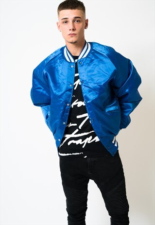 VINTAGE BLUE BASEBALL BOMBER JACKET XL