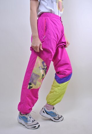 80S PINK PATTERN SKI PANTS, VINTAGE WOMEN SNOWSUIT PANTS