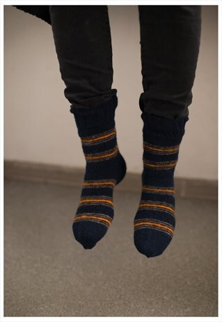 NAVY HANDMADE STRIPED KNITTED WOOL SOCKS