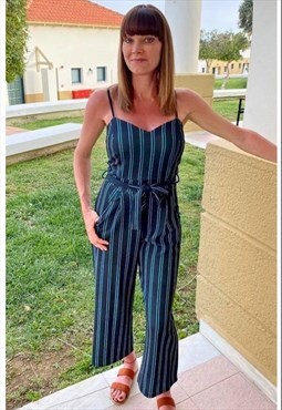 Green Striped Cropped Wide Leg Jumpsuit