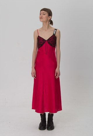 REWORKED MAXI RED SATIN NBA SLIP DRESS WITH BLACK LACE