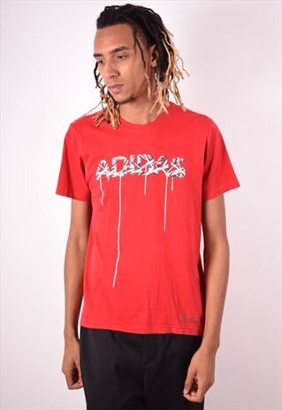 ADIDAS MENS VINTAGE T-SHIRT TOP MEDIUM RED 90S